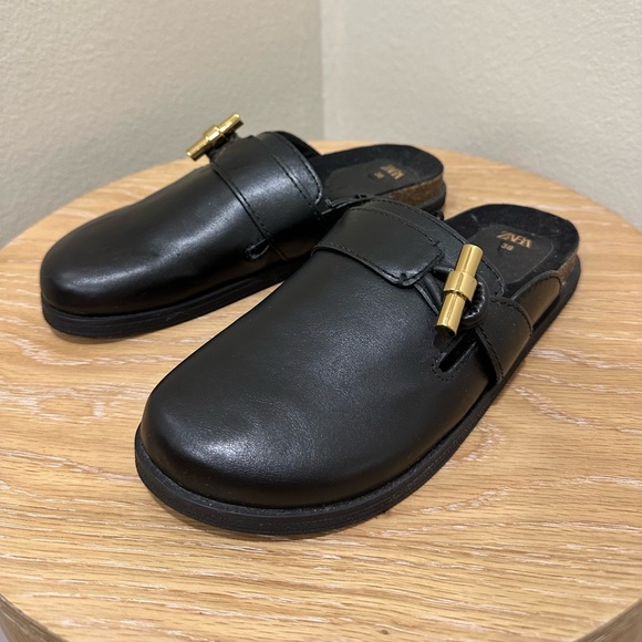 Zara Shoes - Zara Black Mules with Gold Buckle